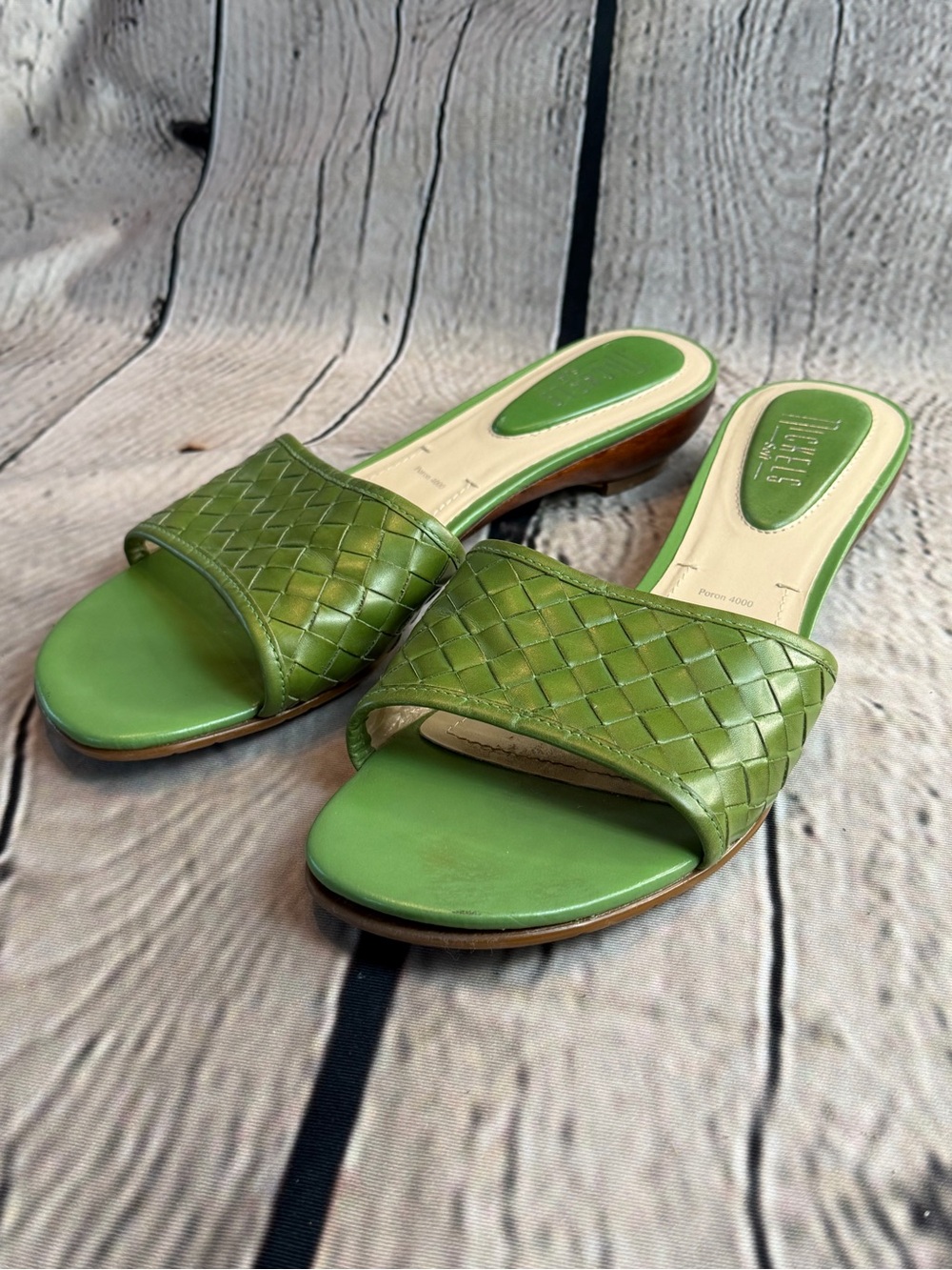 NICKELS Green Woven Leather Slide Mules Size 9.5